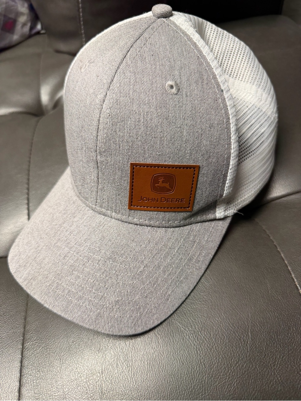 John Deere White Mesh Trucker Cap with Leather Patch